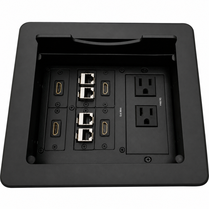 Cable Well Table Box, 2 Power, 4 HDMI, 4 Cat6 - Black