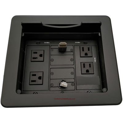 Table Well Box, 4 Power, Retractable HDMI & Cat6, Black