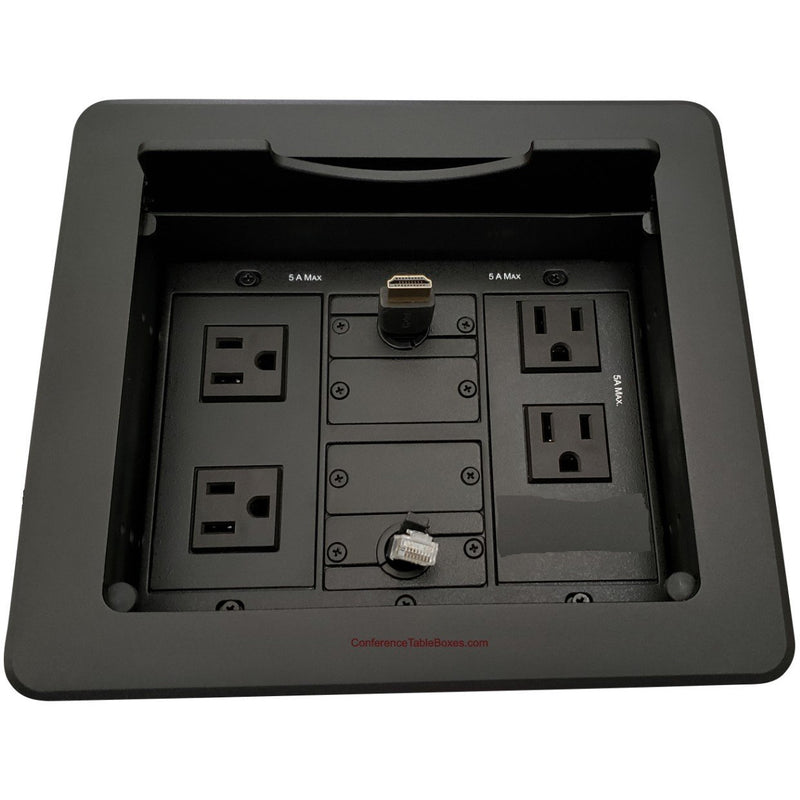 Table Well Box, 4 Power, Retractable HDMI & Cat6, Black