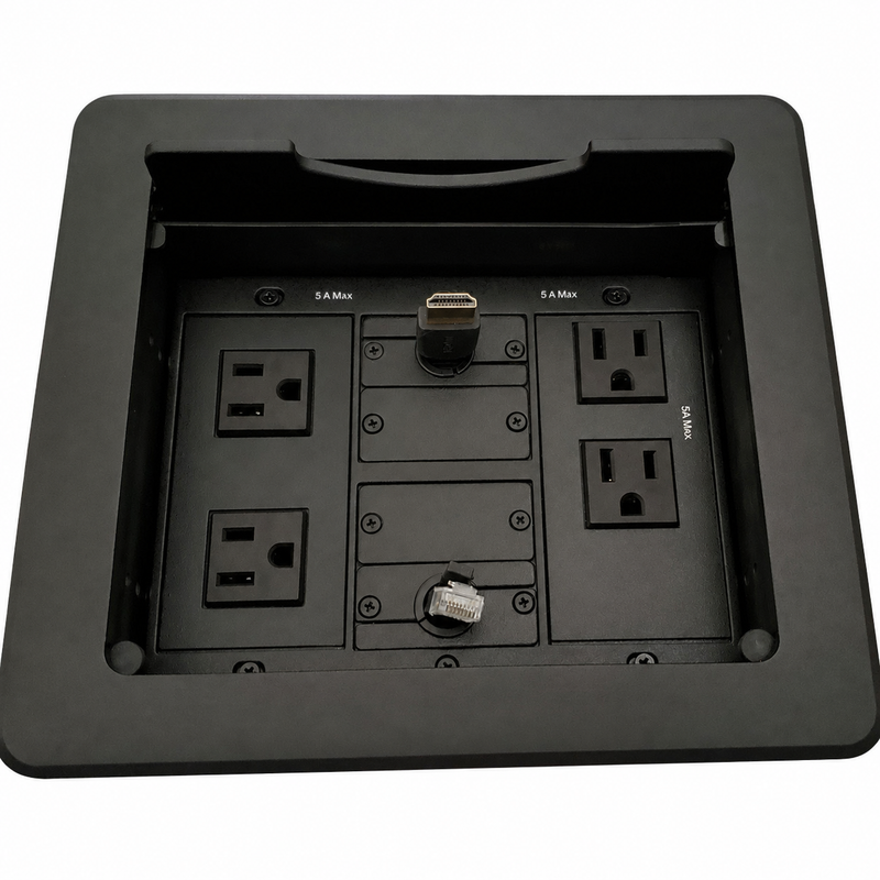 Table Well Box, 4 Power, Retractable HDMI & Cat6, Black