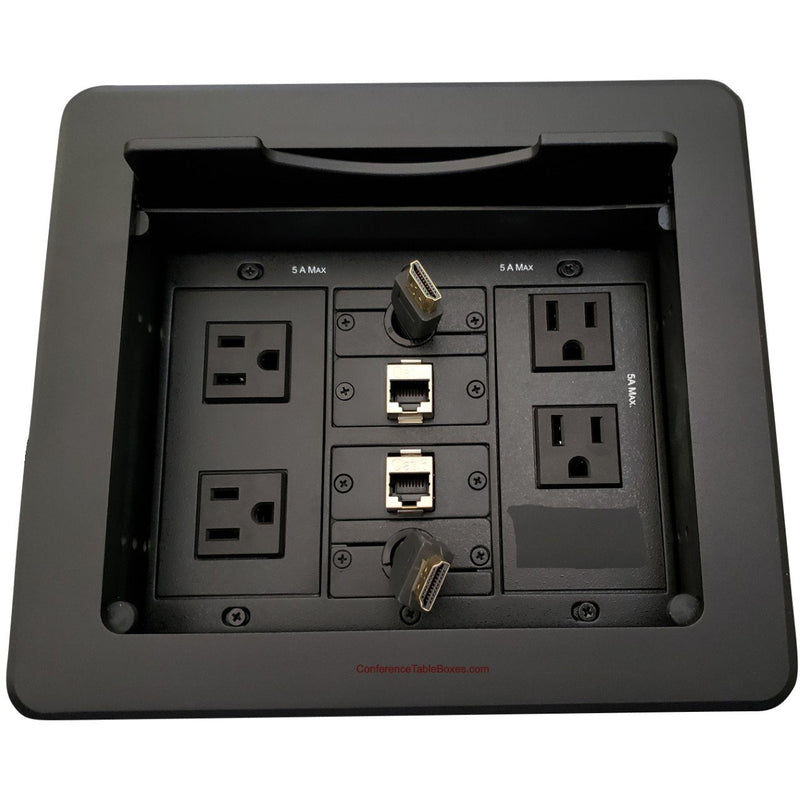 Table Well Box, 4 Power, 2 Retracting HDMI, 2 Cat6, Black