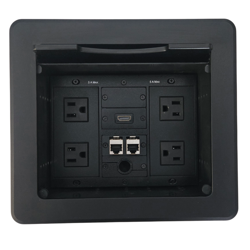 Conference Table Box with 4 Power, 1 HDMI, 2 Cat6, 1 Grommet Hole, Black