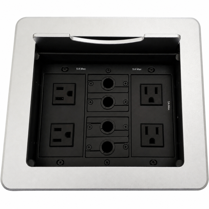 Cable Well Table Box, 4 Power, 4 Cable Holes - Silver