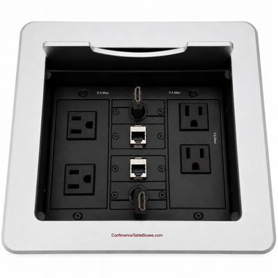 Table Well, 4 Power, 2 Retracting HDMI, 2 Cat6, Silver