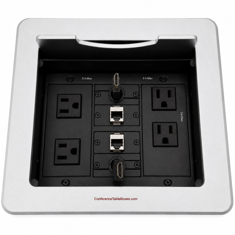 Table Well, 4 Power, 2 Retracting HDMI, 2 Cat6, Silver