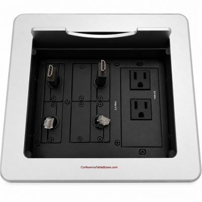 Table Well, 2 Power, 2 Retracting HDMI and Cat6, Silver