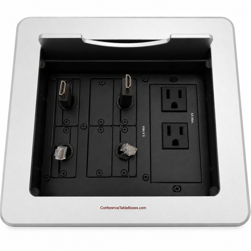 Table Well, 2 Power, 2 Retracting HDMI and Cat6, Silver