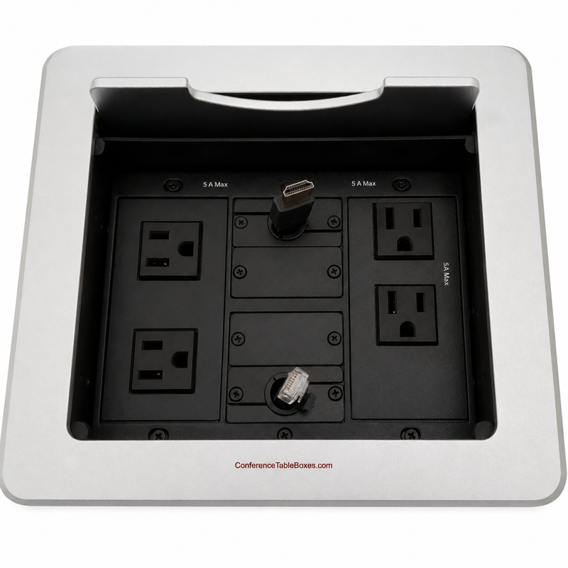 Table Well, 2 Power, 2 Retracting HDMI and Cat6, Silver