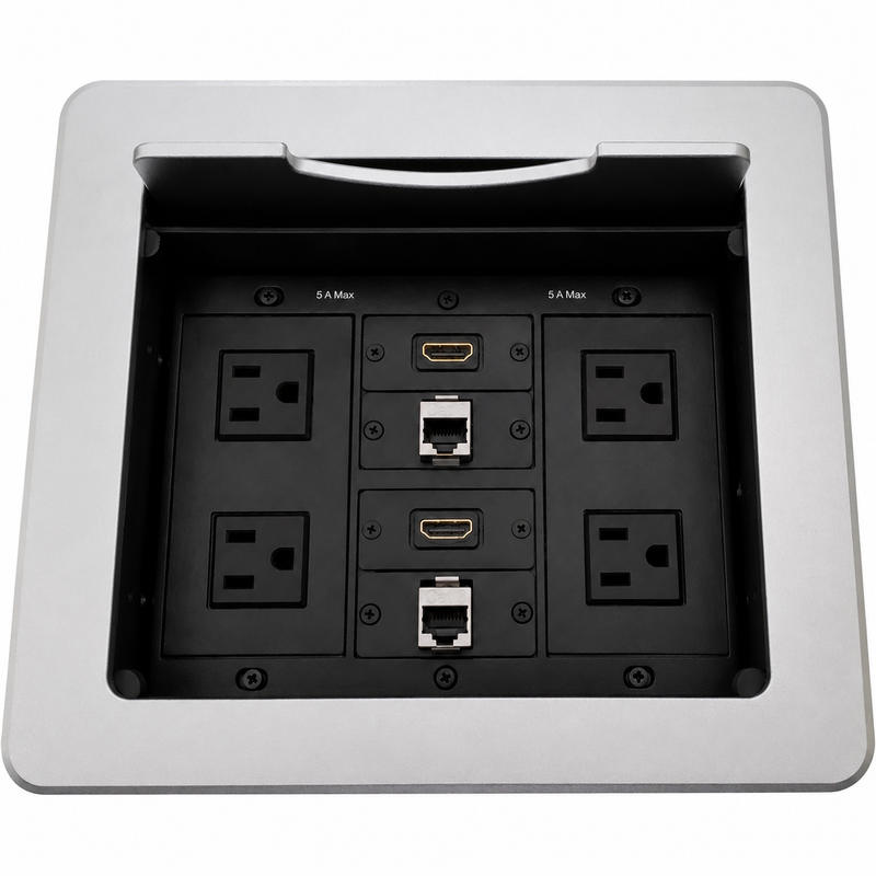 Cable Well Table Box, 4 Power, 2 HDMI, 2 Cat6 - Silver