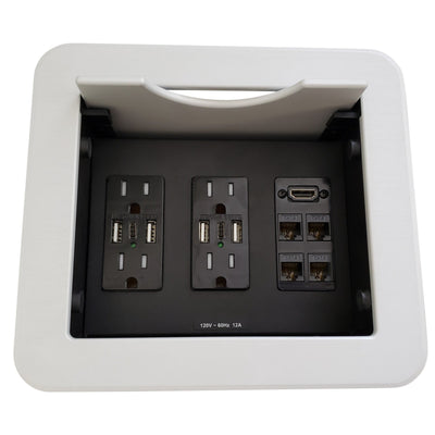 Cable Well, Retracting Lid, 4 Power, 6 USB, 1 HDMI, 4 Data - Silver