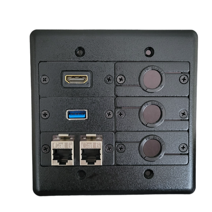 Kramer FRAME-2G Dual Gang Wall Plate, 1 HDMI, 2 Cat6, 1 USB-A, 3 Holes, Black