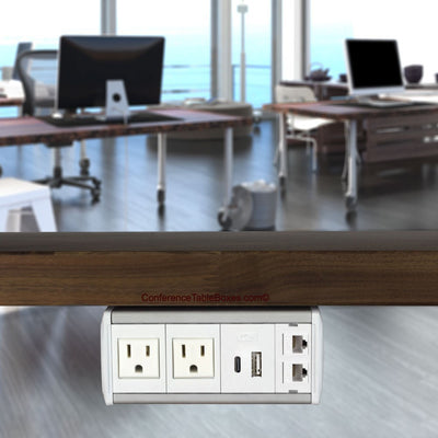 Under Table Box, 2 Power, Charging USB-A/C Ports, 2 Cat6, White