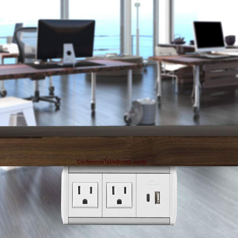 Under Table Box, 2 Power, Charging USB-A and C, White