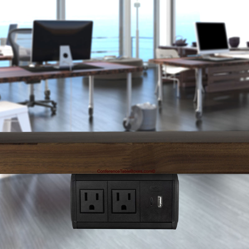 Under Table Box, 2 Power, Charging USB-A and USB-C, Black