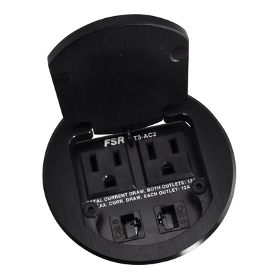 FSR T3-AC2-BLK-CAT6 Round Cable Well Conference Table Box 2 Power, 2 Cat6, Black