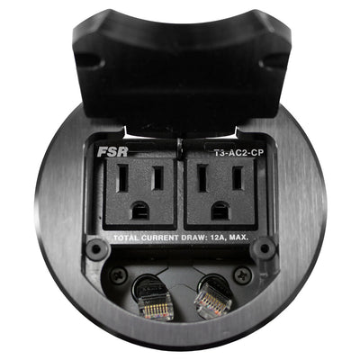 FSR T3-AC@HWCP-BLK Round Cable Well Table Box 2 Power Hardwired, 2 Pull Data, Black