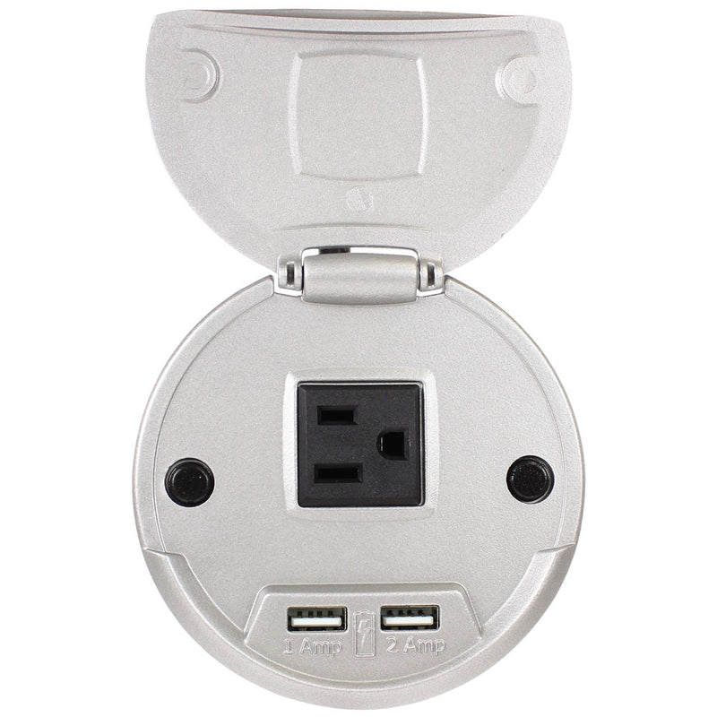 FSR TC-CHRG-ALM-9 Round Table Mount Box, 1 Power, 2 USB Charging, 9' Power, Silver