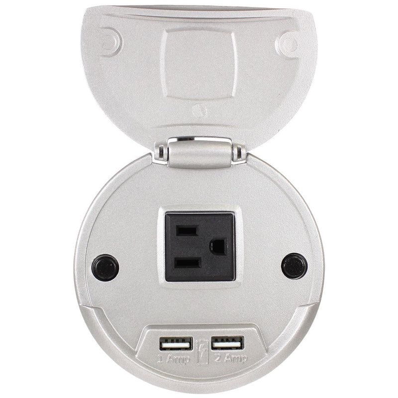 FSR TC-CHRG-ALM-6 Round Table Mount Box, 1 Power, 2 USB Charging, 6' Power, Silver