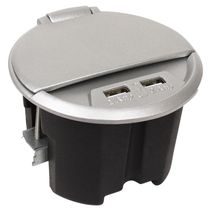 FSR TC-CHRG-ALM-6 Round Table Mount Box, 1 Power, 2 USB Charging, 6' Power, Silver, Lid Closed