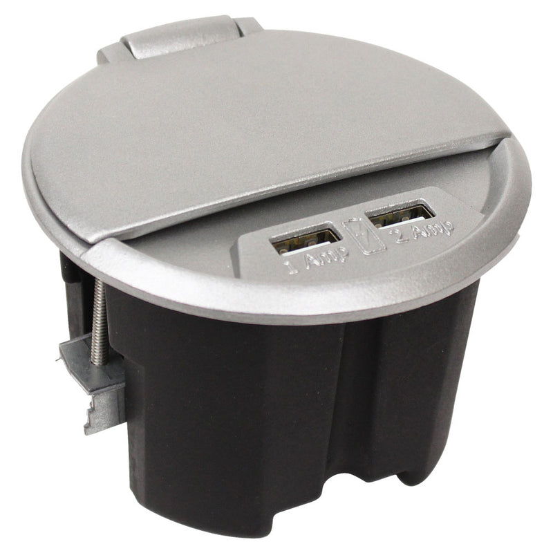 FSR TC-CHRG-ALM-9 Round Table Mount Box, 1 Power, 2 USB Charging, 9' Power, Silver, Lid Closed