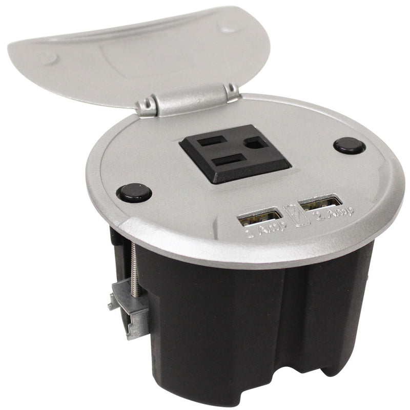 FSR TC-CHRG-ALM-9 Round Table Mount Box, 1 Power, 2 USB Charging, 9' Power, Silver