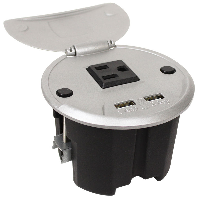 FSR TC-CHRG-ALM-6 Round Table Mount Box, 1 Power, 2 USB Charging, 6' Power, Silver