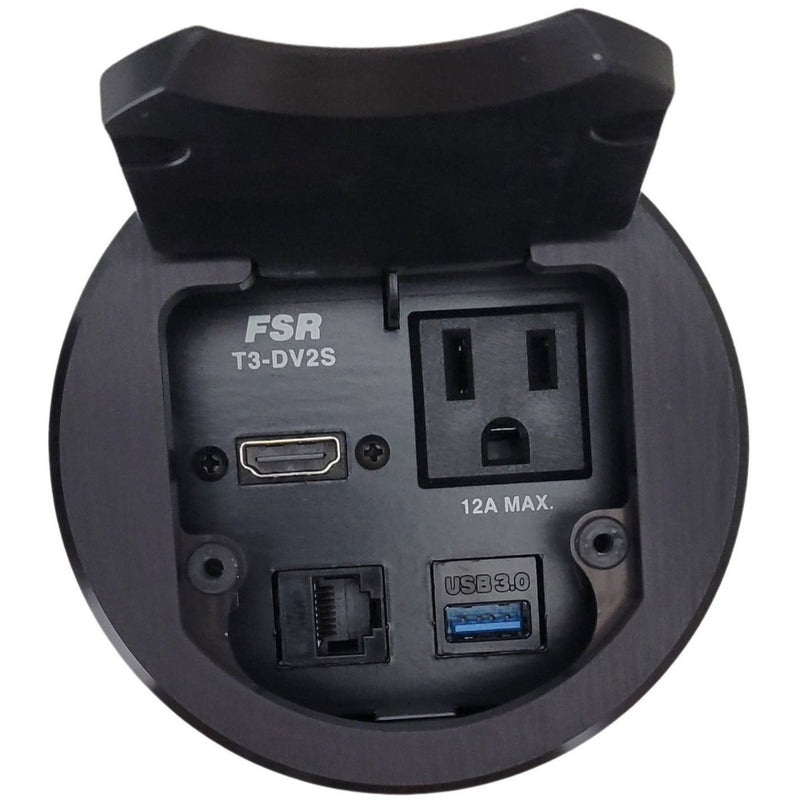 Round Cable Well Table Box, 1 Power, 1 HDMI, 1 Cat6, 1 USB, Black