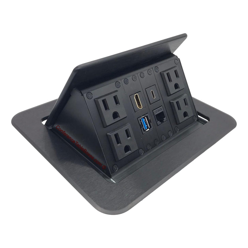 Pop Up Conference Table Box 4 Power, HDMI, Cat6, USB-A, USB-C, Black
