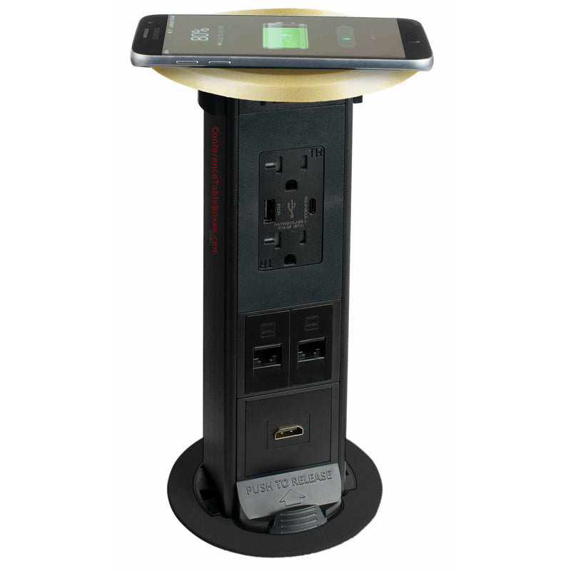 Pop Up Table Box, QI Charging, 2 Power, 2 USB, 2 Cat6, 1 HDMI, Brass