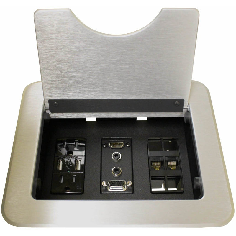 Cable Nook w/ Retracting Lid, 2 Power/USB, 1 HDMI & VGA, 2 Cat6 Silver
