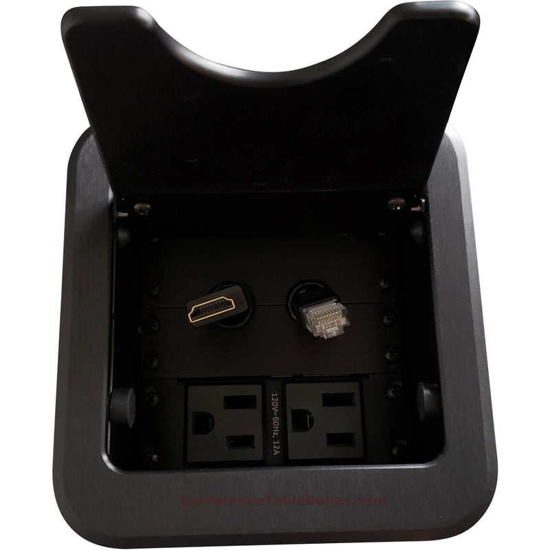 Cable Well Box with HDMI & Cat6 Retractable Cables, 2 Power - Black