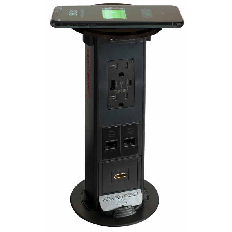 Pop Up Table Box, QI Charging, 2 Power, 2 USB, 2 Cat6, 1 HDMI, Bronze