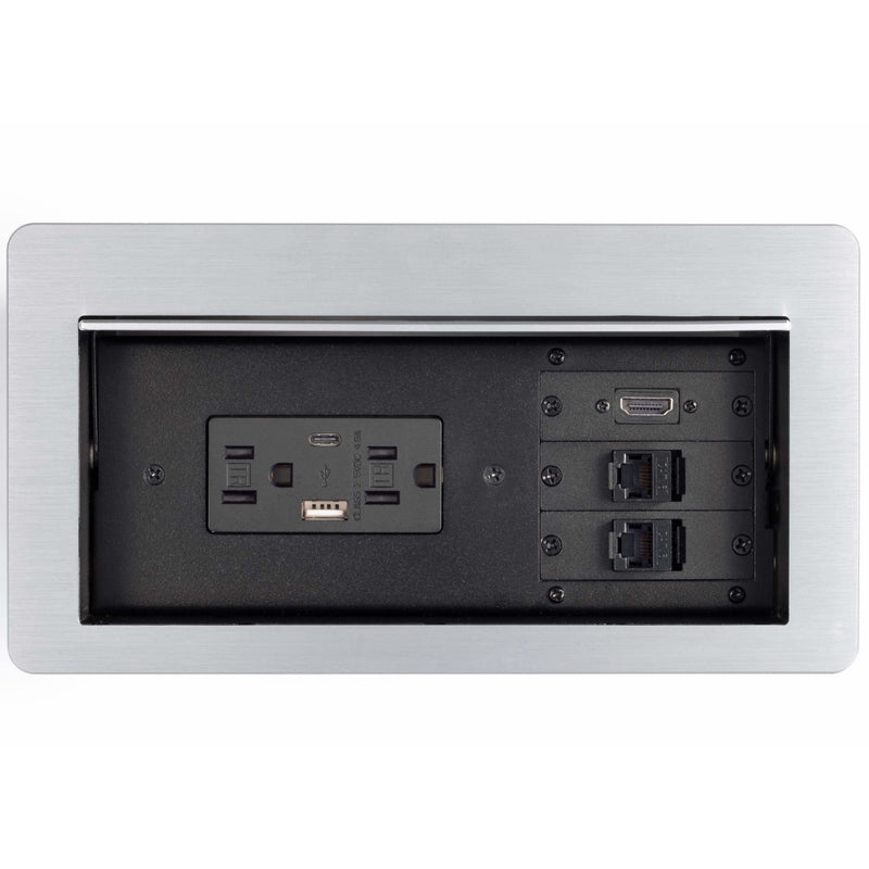 Lew Electric HCW-2S Cable Well Table Box, 2 Power, 2 Charging USB, 1 HDMI, 2 Data, Silver
