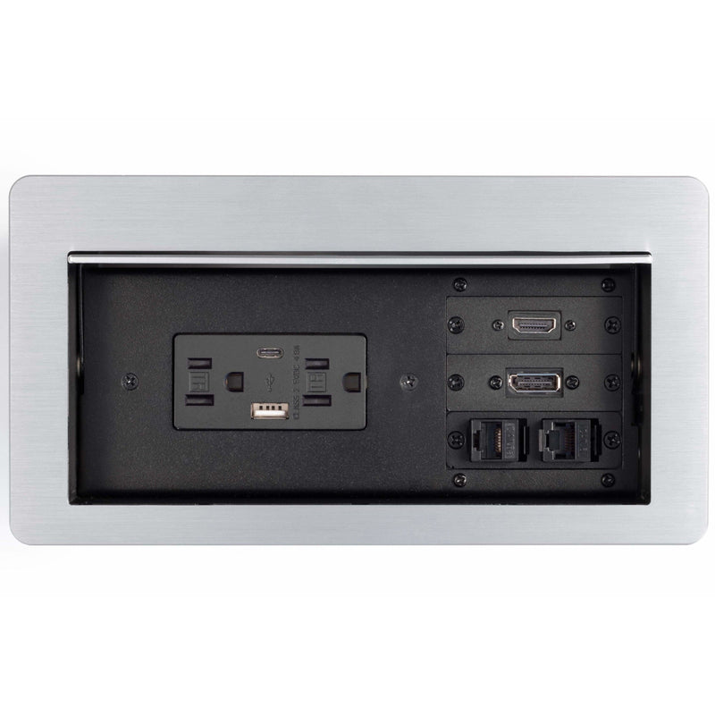Lew Electric HCW-5S Cable Well Table Box, 2 Power, 2 Charging USB, 1 HDMI, 1 DisplayPort, 2 Data, Sliver