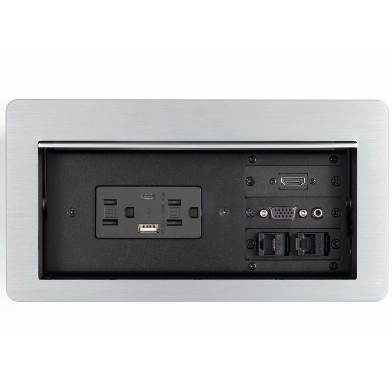 Lew Electric HCW-6S Cable Well Table Box, 2 Power, 2 Charging USB, 1 HDMI, 1VGA/Audio, 2 Data, Silver