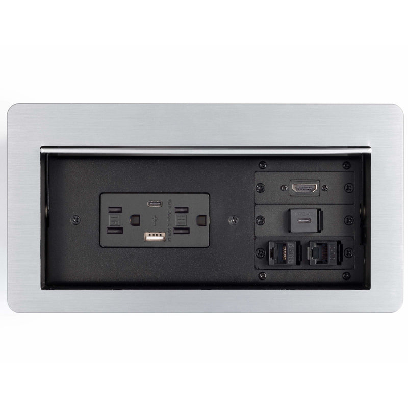 Lew Electric HCW-7S Cable Well Table Box, 2 Power, 2 Charging USB, 1 HDMI, 1 USB-C, 2 Data, Sliver