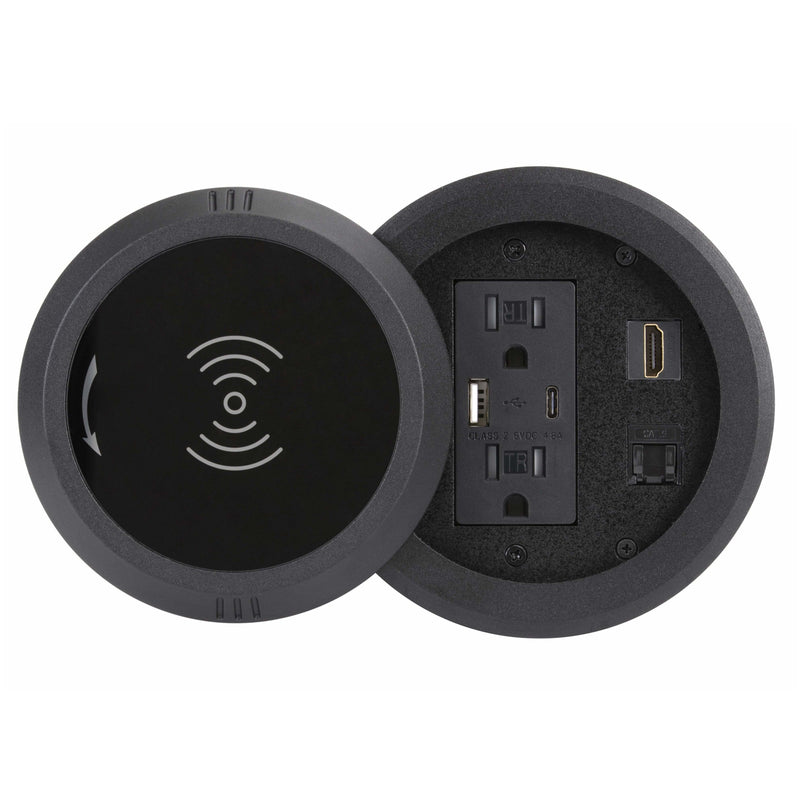 Round Table Box, 2 Power, USB-A, USB-C, HDMI, Cat6, Wireless Charging