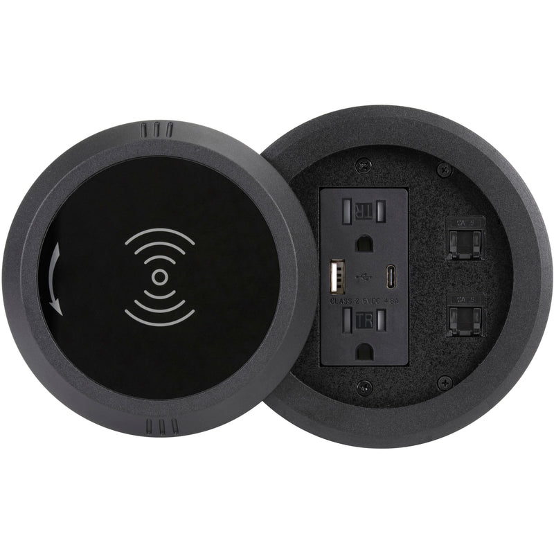 Round Table Box, 2 Power, USB-A, USB-C, 2 Cat6, Wireless Charging