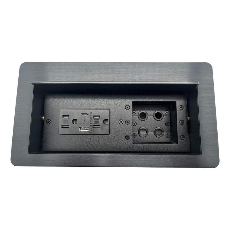 Lew HCW-8B Cable Well Table Box, 2 Power, 2 Charging USB, 4 Grommet Holes, Black