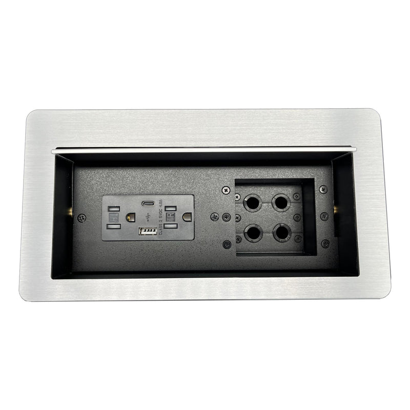 Cable Well Table Box, 2 Power, 2 Charging USB, 4 Grommet Holes, Silver