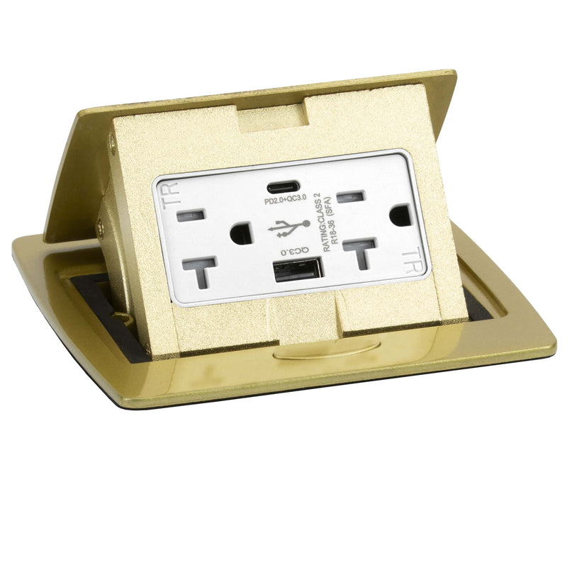 Pop Up Conference Table Box, 2 Power, Charging USB A & C Ports, Brass