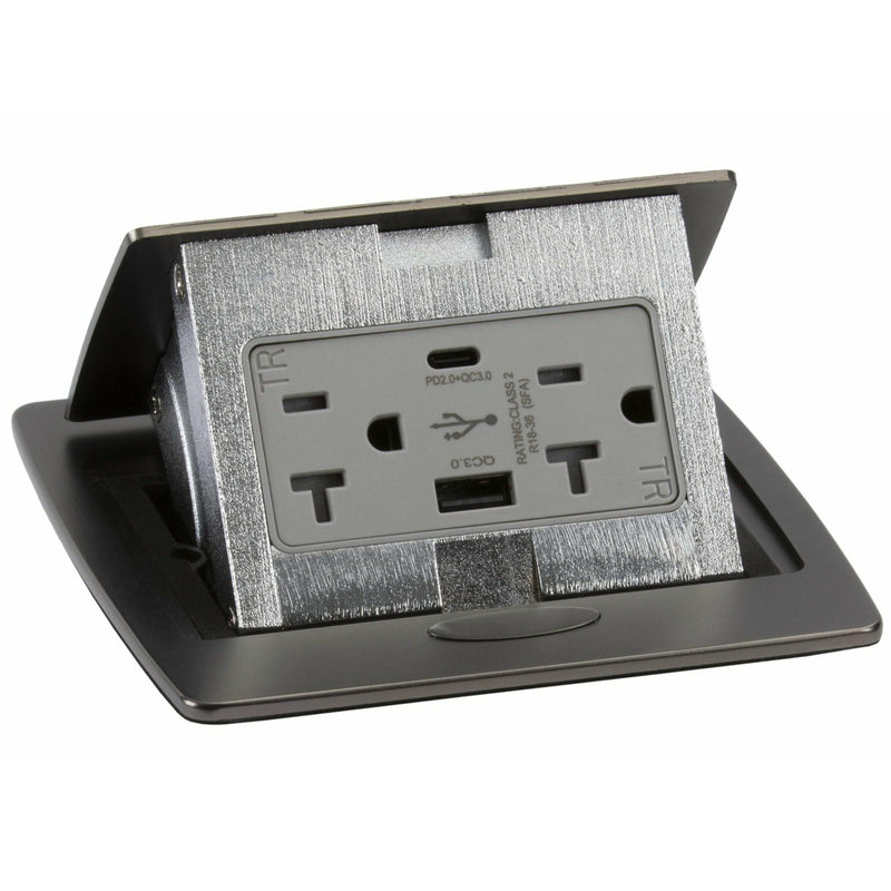Pop Up Table Box, 2 Power, Charging USB A and C Ports, Black Stainless