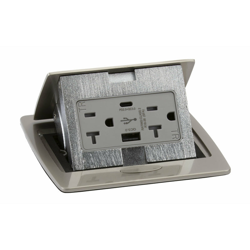 Pop Up Table Box, 2 Power, Charging USB A & C Ports, Satin Nickel