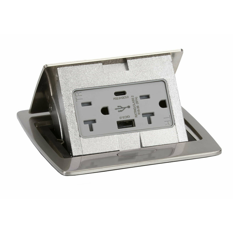 Pop Up Table Box, 2 Power, Charging USB A & C Ports, Stainless Steel