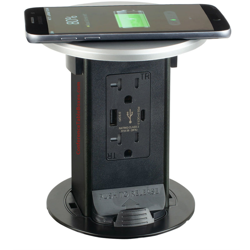 Pop Up Charging Tower, Wireless QI Charging Top, 2 Power, 1 USB-A, 1 USB-C Charging Port, Silver