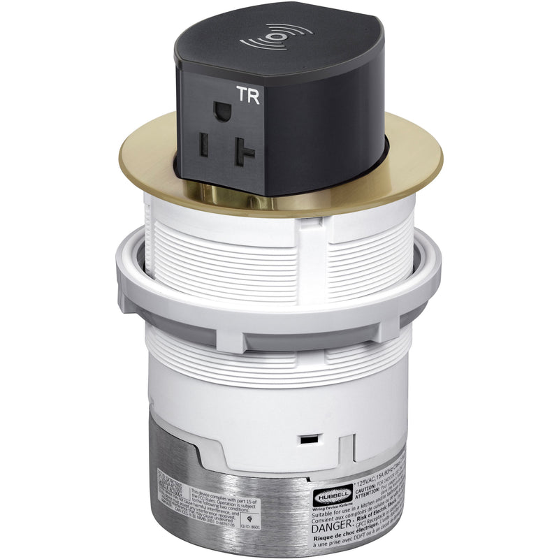 Hubbell RCT620BR Pop Up 20A Power, USB-A/C Wireless Charging, Brass, Entire Unit