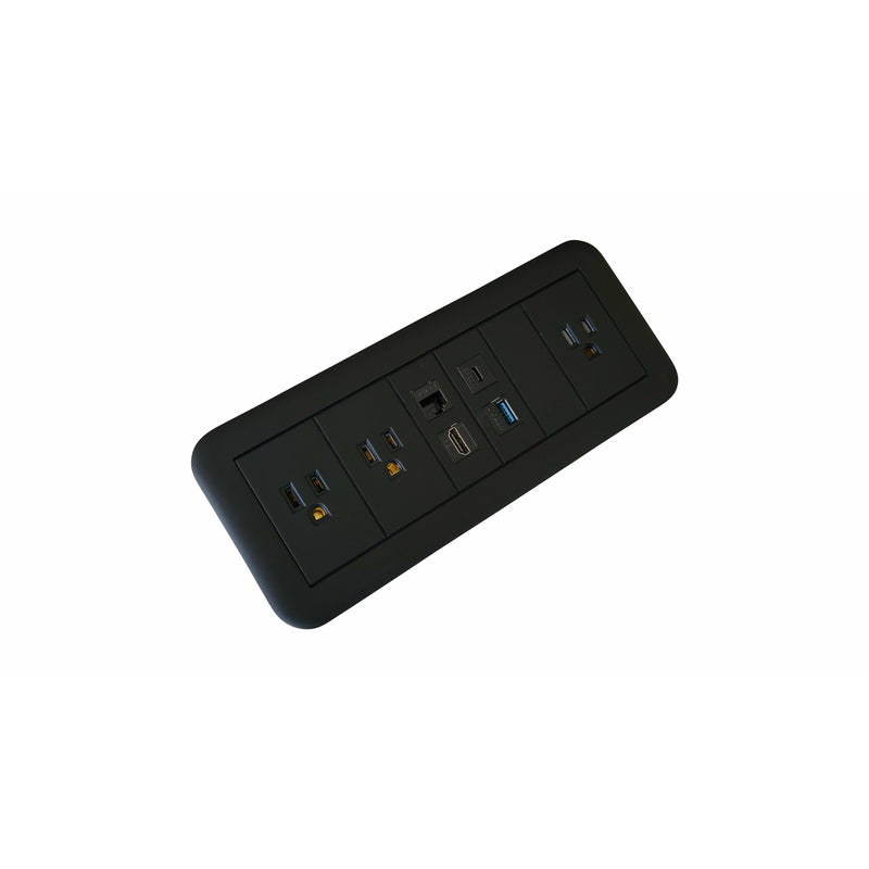Altinex Table Buddy, 3 Power, 1 HDMI, 1 USB-A, 1 USB-C, 1 Cat6, Black, Angle