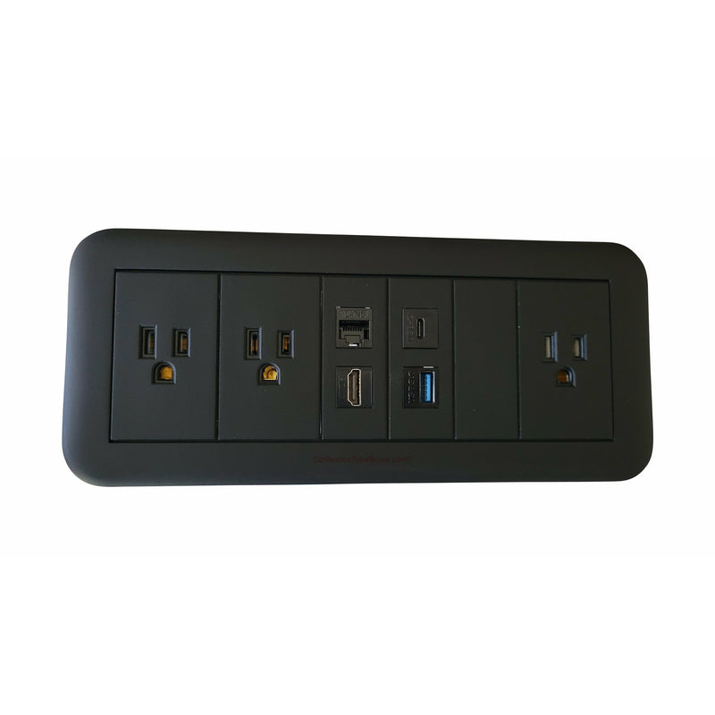 Surface Mount Table AV Box, 3 Power, 1 HDMI, 1 USB-A, 1 USB-C, 1 Cat6, Black
