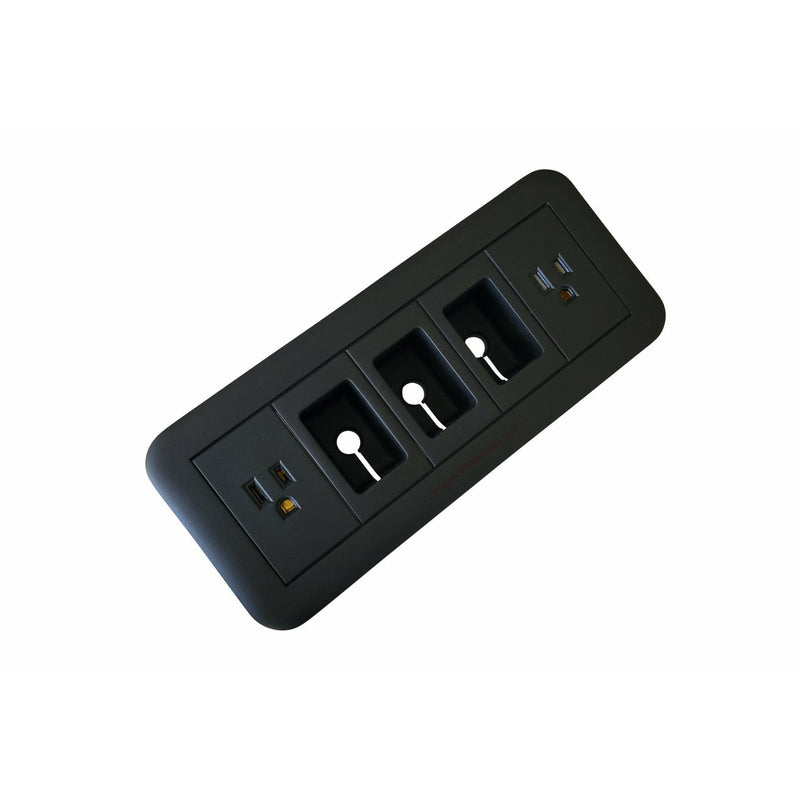 Altinex Surface Mount Table Buddy Box, 2 Power, 3 Grommet Holes, Black, Angle