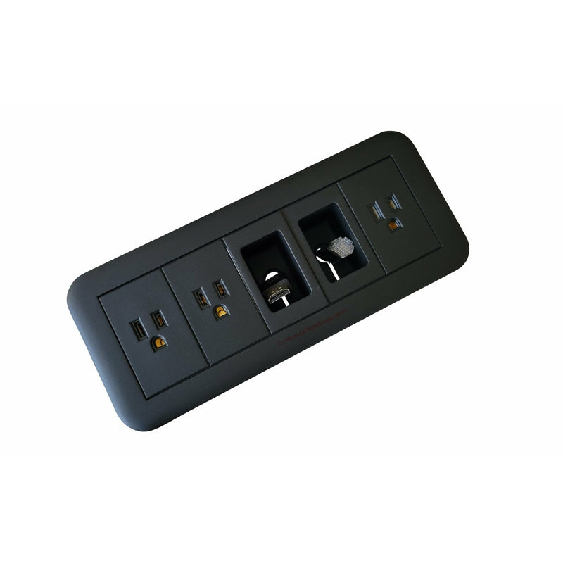 Altinex Surface Mount Table Box 3 Power, Retracting HDMI & Cat6, Black, Angle
